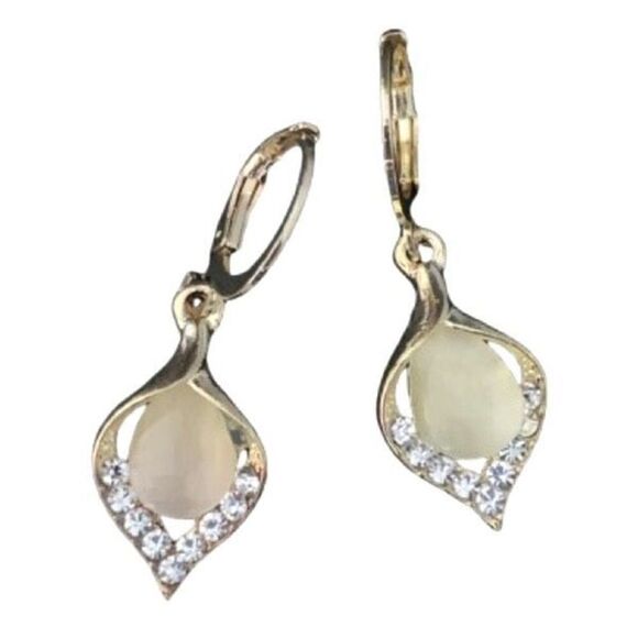 Polished Leaf Teardrop Earrings, Faux Opal & Rhinestones, Gold-Tone - Picture 1 of 11